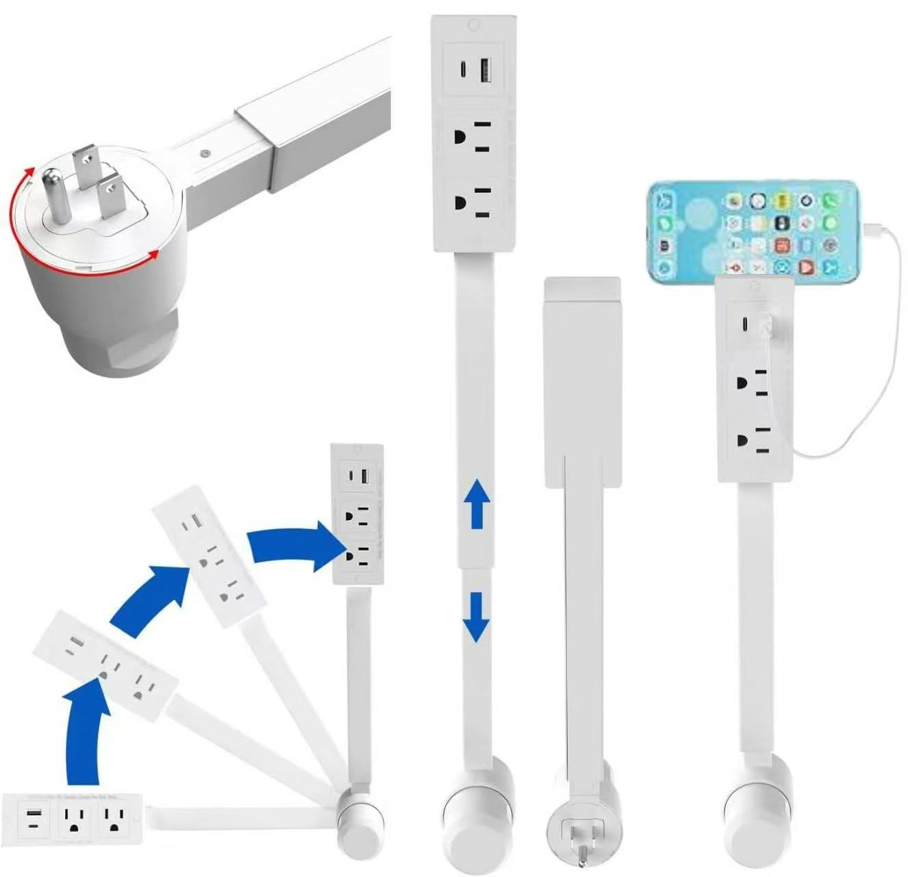 Electrical Outlet Extender Features USB-C,USB-A,and 2 AC Electrical Outlet Extender Stick