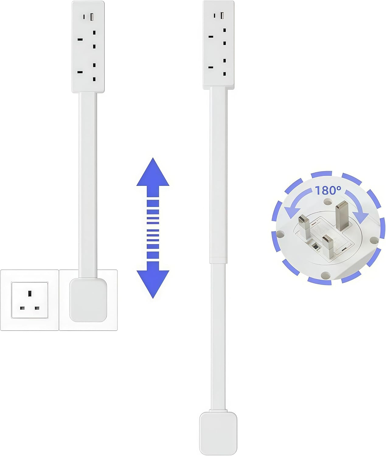 Flat Plug Extender for Behind Furniture | 180° Rotatable Socket with USB-A & USB-C Ports | Outlet Extender for Sofa, Bedside & Desk