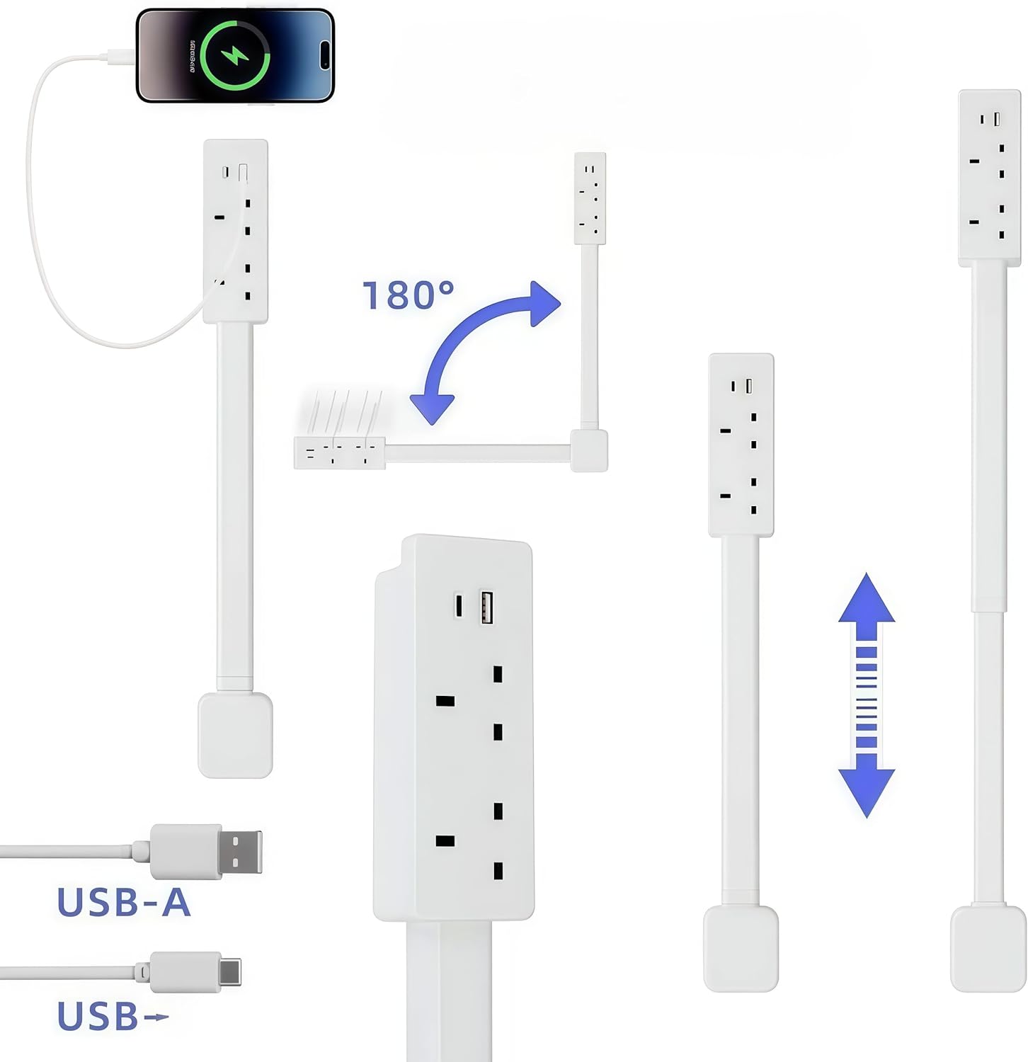 Flat Plug Extender for Behind Furniture | 180° Rotatable Socket with USB-A & USB-C Ports | Outlet Extender for Sofa, Bedside & Desk