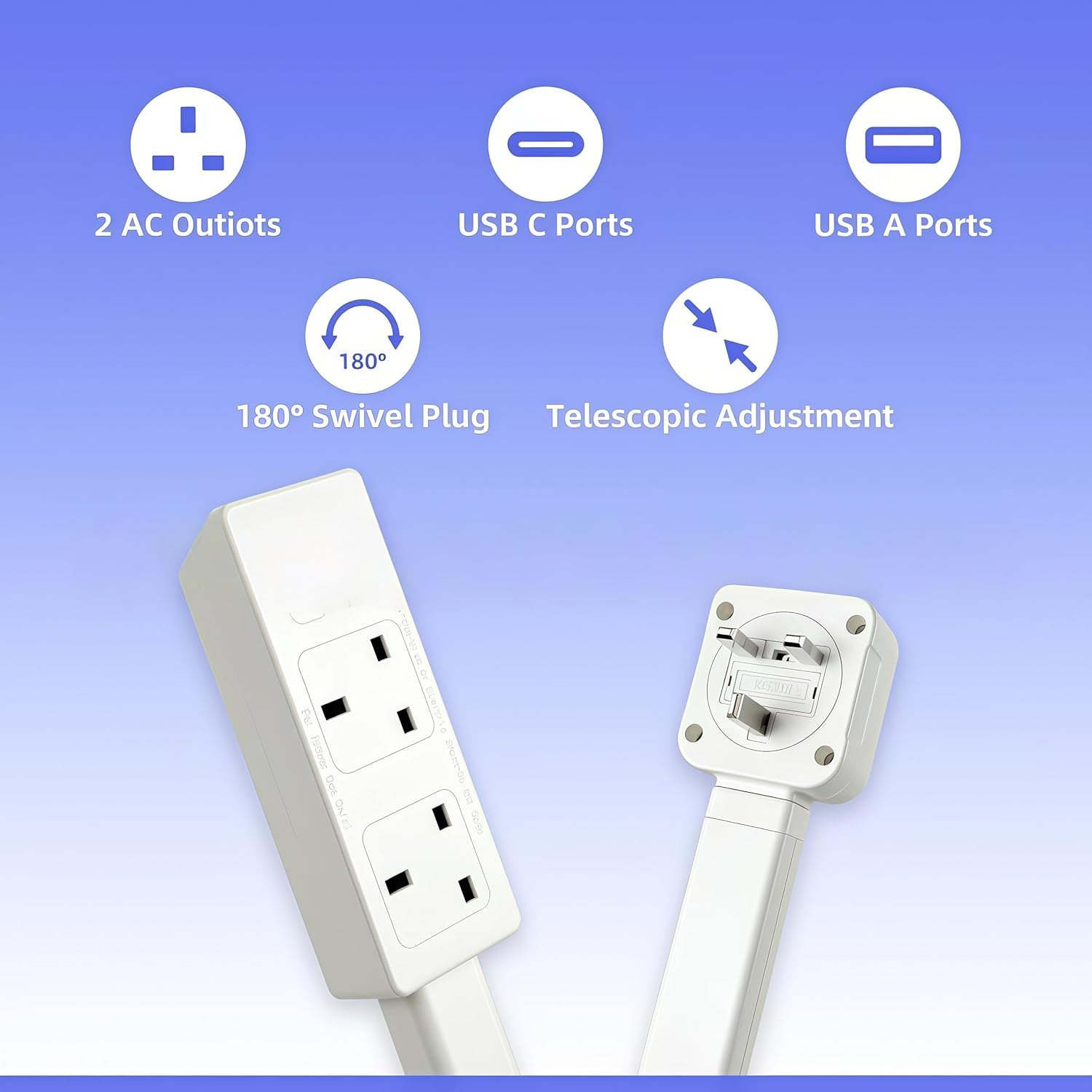 Flat Plug Extender for Behind Furniture | 180° Rotatable Socket with USB-A & USB-C Ports | Outlet Extender for Sofa, Bedside & Desk