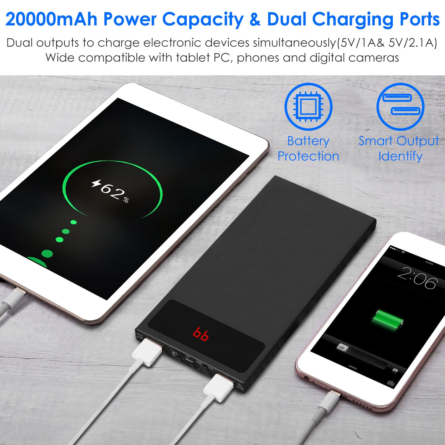 20000mAh Power Bank Ultra-thin Phone Charger Dual USB Port Flashlight Battery Remain Display