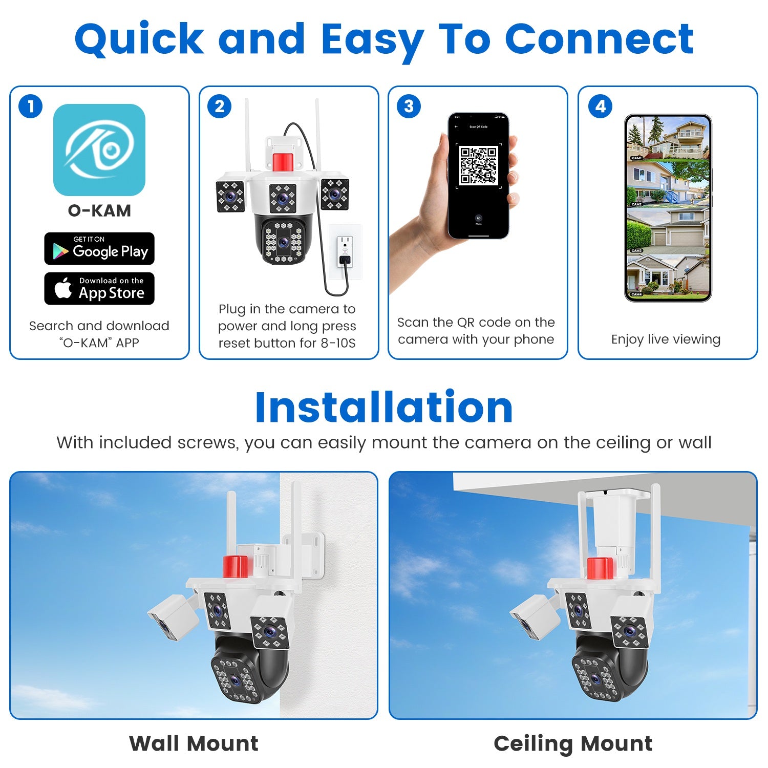 1080P HD 4-Lens Security Camera 360 Degree Night Vision Auto Motion Tracking Audio IP66 Waterproof