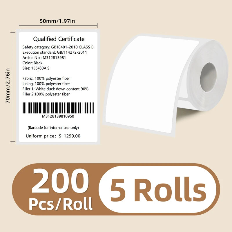 5 Rolls of White Label Stickers, 30Mm/40Mm/50Mm Wide, Compatible with M110/M221/M220/M120/M200/Etc Portable Handheld Thermal Label Printers, for Office, Business, and Home Labeling, Widely Used