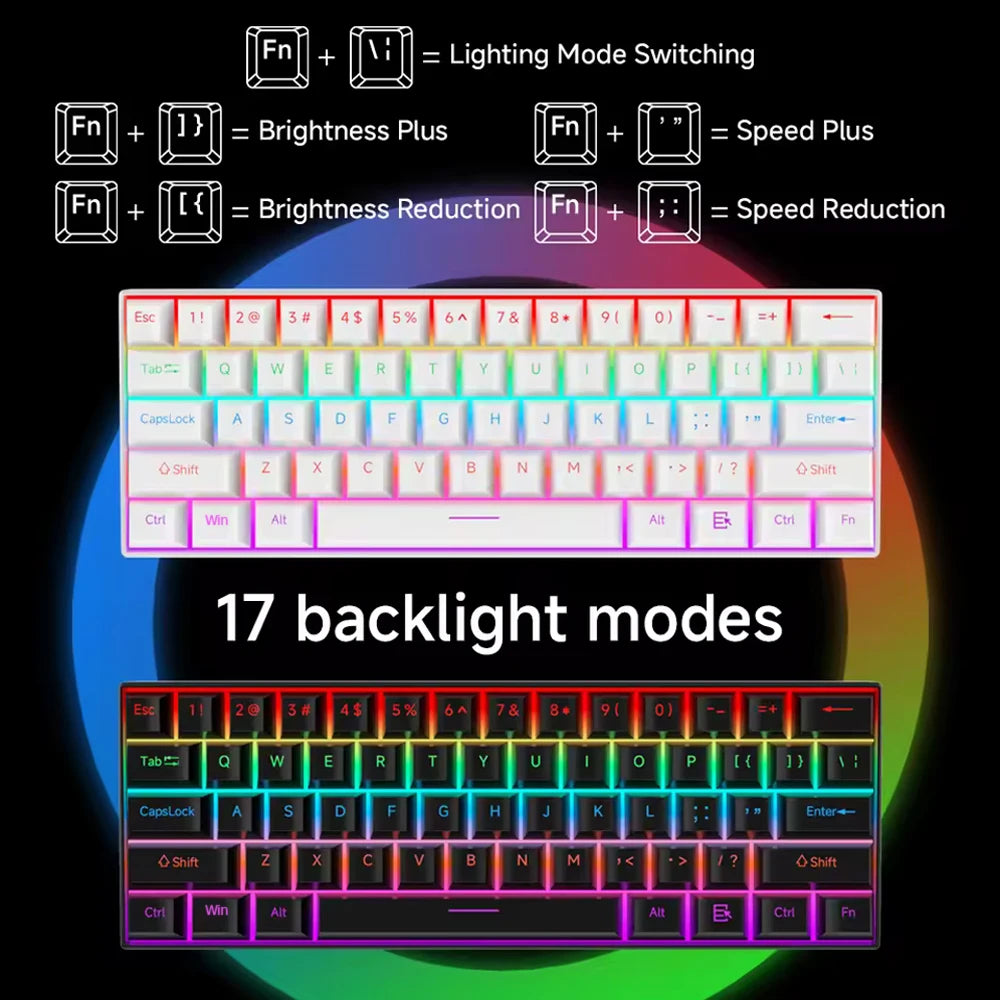 Wired Mechanical Keyboard 60% 17 Backlight Modes Hot-Swappable 61 Keys Brown Blue Red Switch Keyboard for Teclado Gaming Office