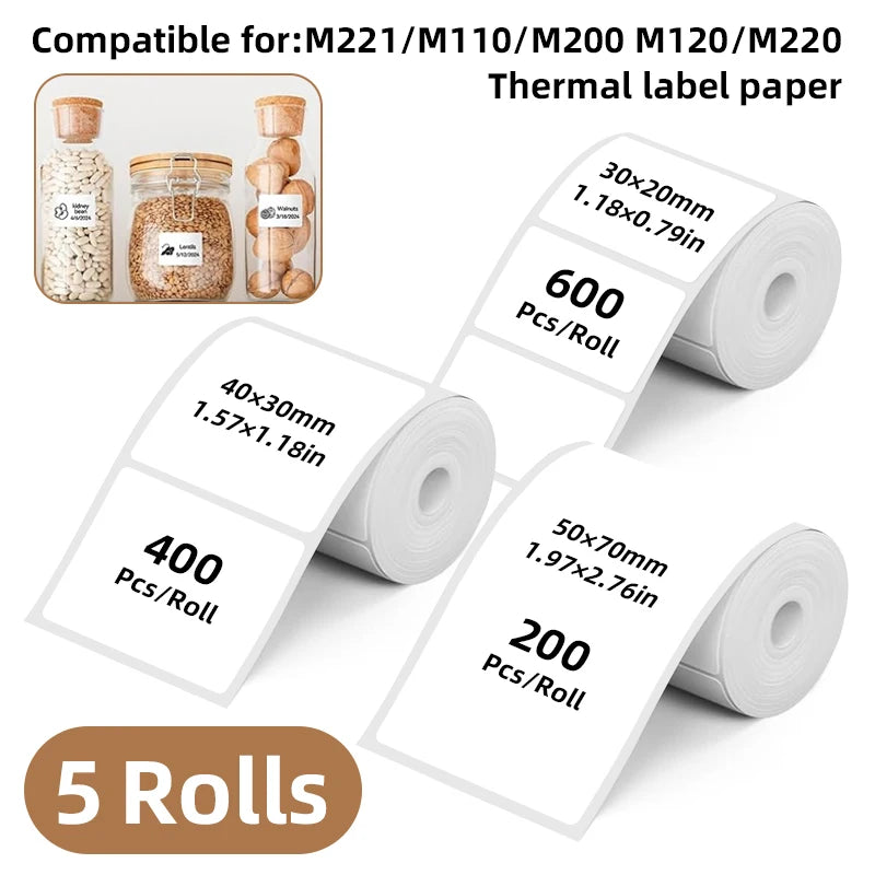 5 Rolls of White Label Stickers, 30Mm/40Mm/50Mm Wide, Compatible with M110/M221/M220/M120/M200/Etc Portable Handheld Thermal Label Printers, for Office, Business, and Home Labeling, Widely Used