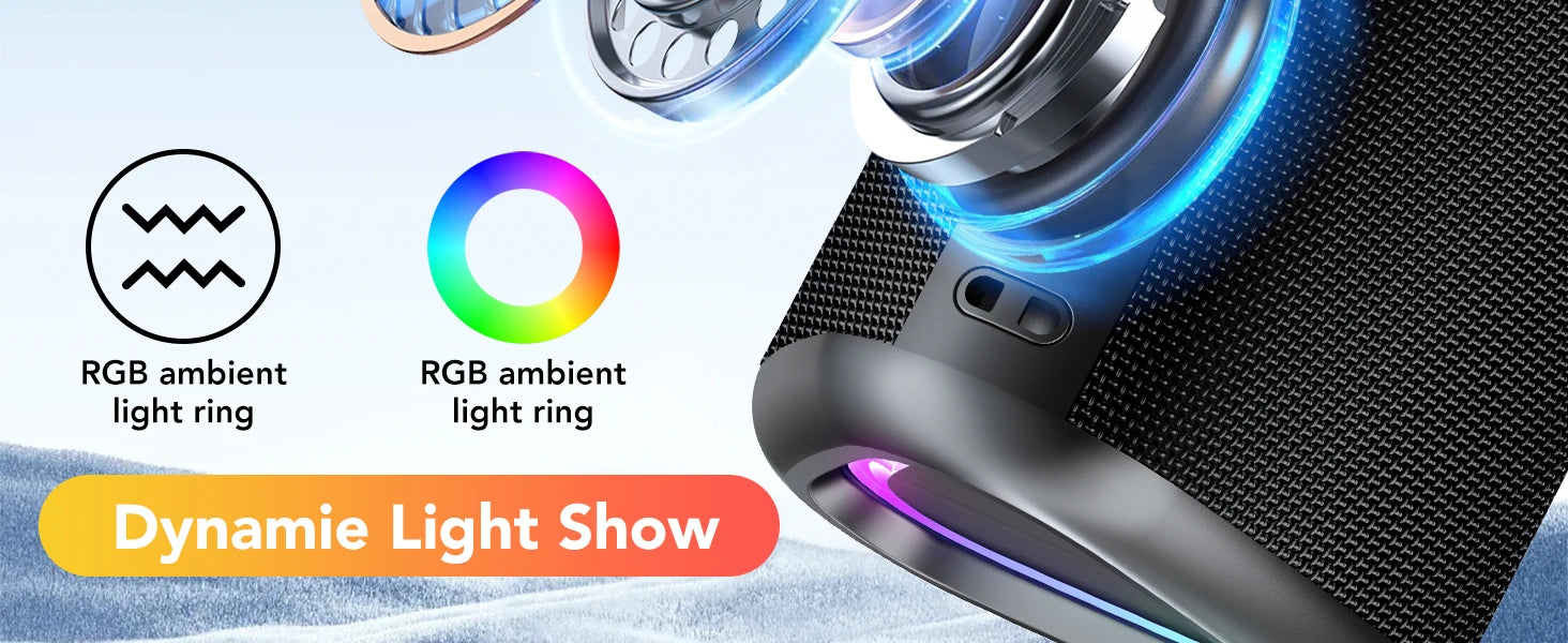 Bluetooth Speakers with Led Light, Bluetooth 5.4, 24H Playtime, Enhanced Bass, IPX7 Waterproof