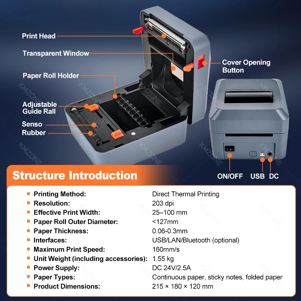 4inch Thermal Label Sticker Waybill Printer 1D 2D Barcodes Print Paper Support QR Code for DHL Fedex EMS Express 25-100mm Print
