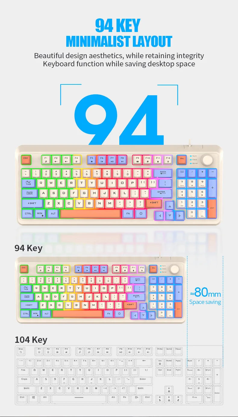 Keyboard 94 Keys 90% Layout Spanish Russian Korean Arabic Keyboard USB Wired RGB Light Volume Knob Ergonomics Gaming Office K82