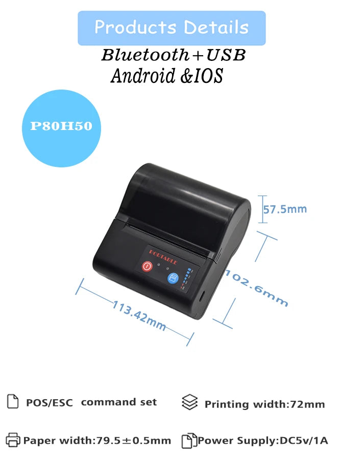 80mm Handy Portable Mini Printer Wireless Inkless Thermal Label Barcode Printer with Android IOS Bill Printing Machine for Phone