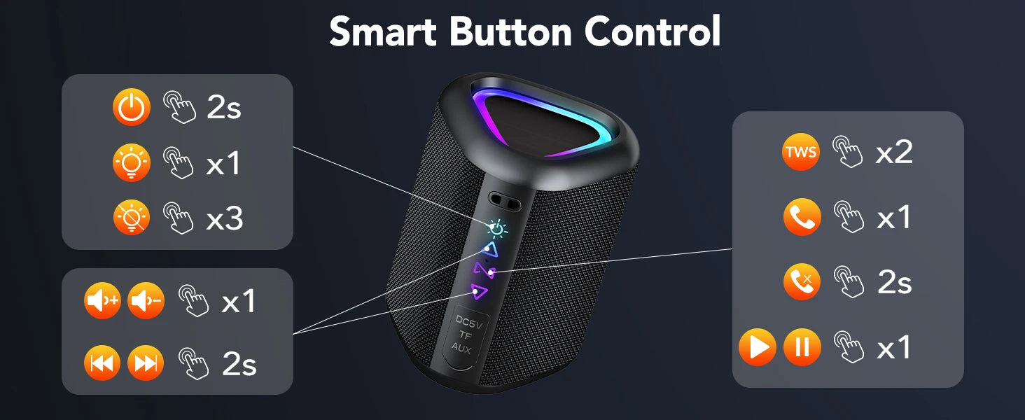 Bluetooth Speakers with Led Light, Bluetooth 5.4, 24H Playtime, Enhanced Bass, IPX7 Waterproof