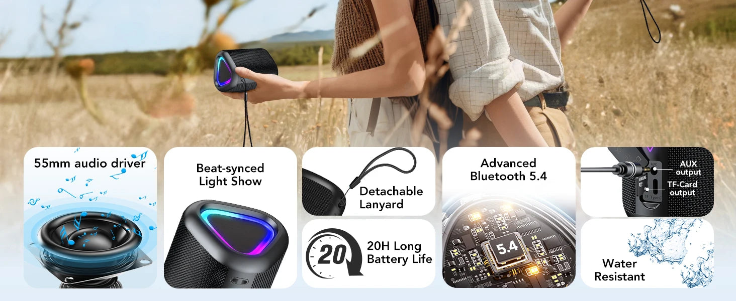 Bluetooth Speakers with Led Light, Bluetooth 5.4, 24H Playtime, Enhanced Bass, IPX7 Waterproof