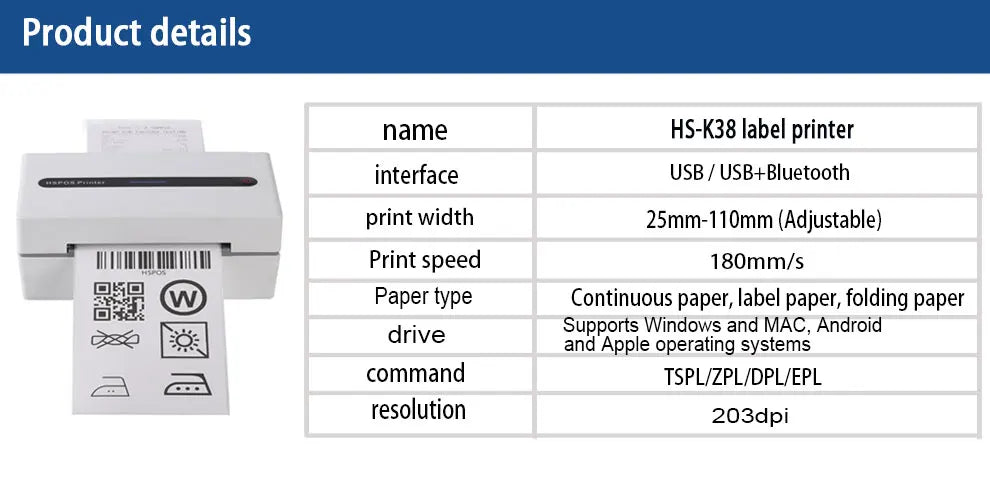 Upgraded Model Blue Tooth Label Printer with Adjustable Size Range of 25-108 mm HS-K38