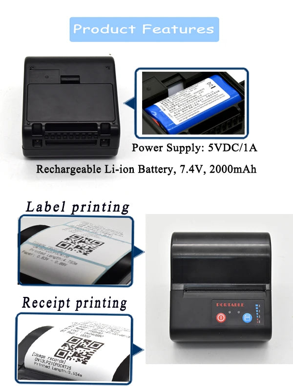 80mm Handy Portable Mini Printer Wireless Inkless Thermal Label Barcode Printer with Android IOS Bill Printing Machine for Phone