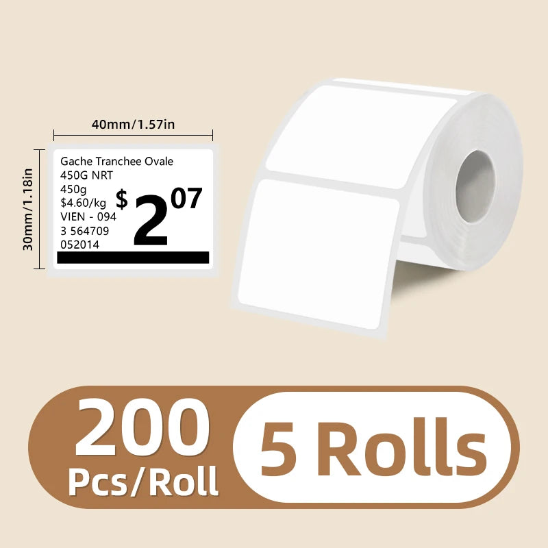 5 Rolls of White Label Stickers, 30Mm/40Mm/50Mm Wide, Compatible with M110/M221/M220/M120/M200/Etc Portable Handheld Thermal Label Printers, for Office, Business, and Home Labeling, Widely Used