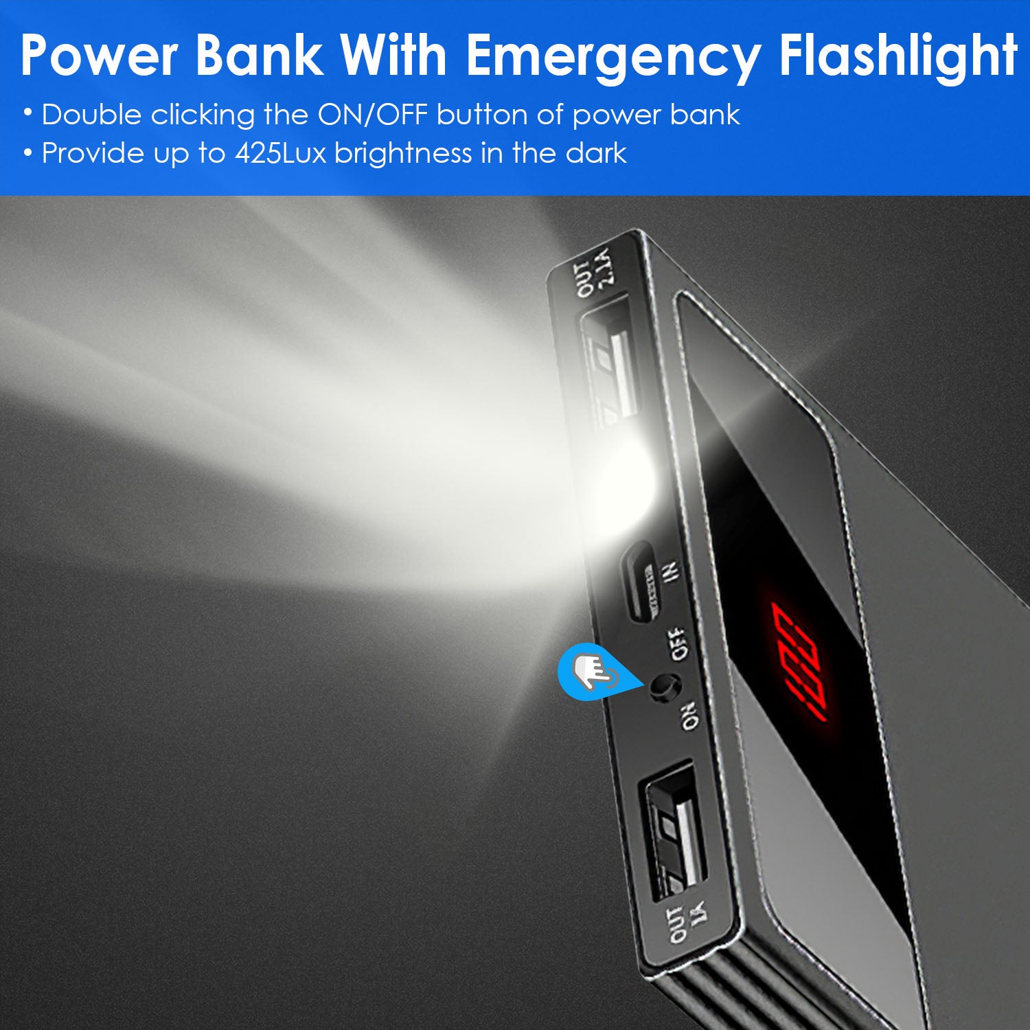 20000mAh Power Bank Ultra-thin Phone Charger Dual USB Port Flashlight Battery Remain Display