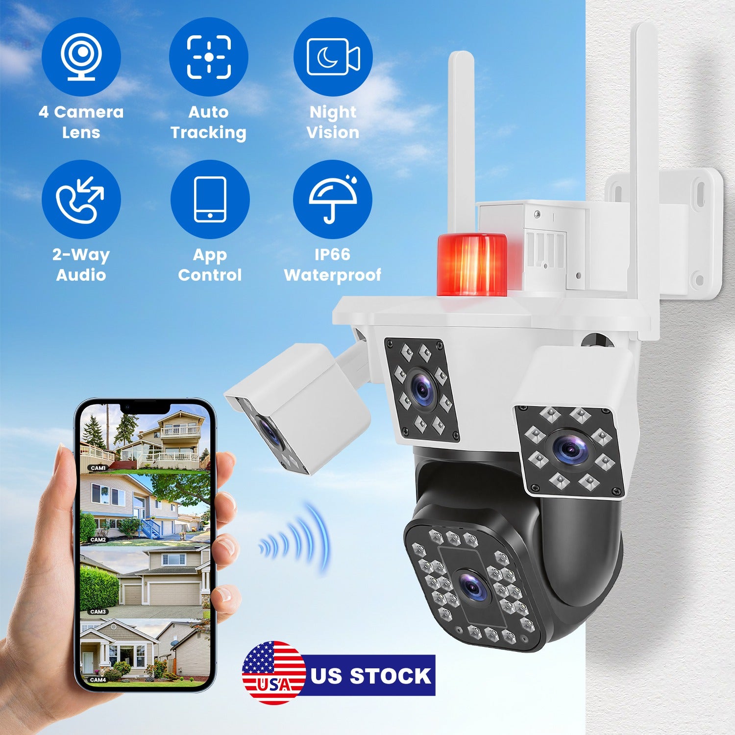 1080P HD 4-Lens Security Camera 360 Degree Night Vision Auto Motion Tracking Audio IP66 Waterproof