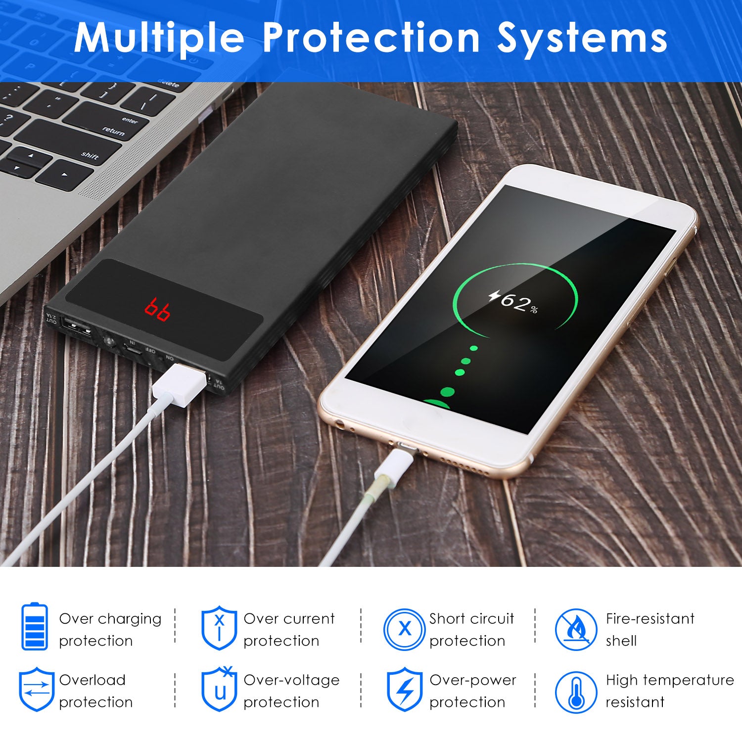 20000mAh Power Bank Ultra-thin Phone Charger Dual USB Port Flashlight Battery Remain Display